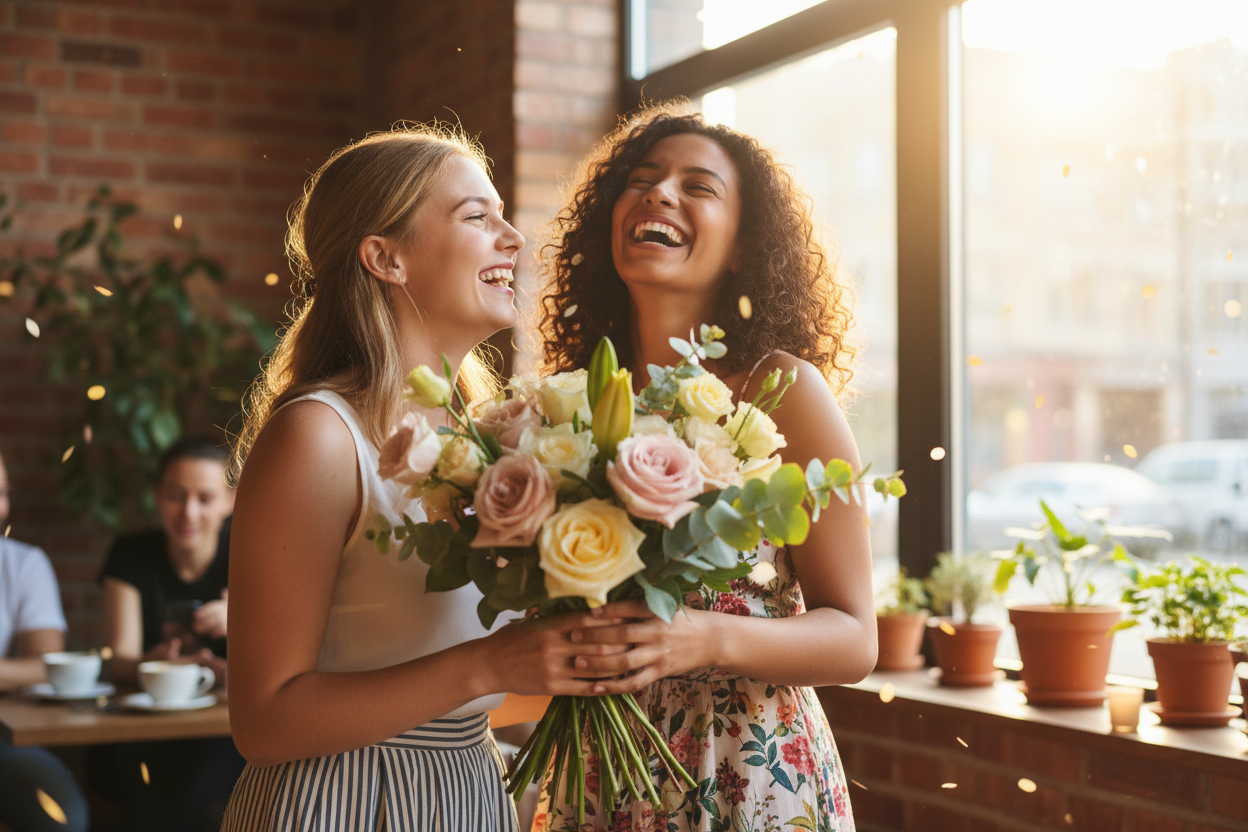 two girl friends celebrating together one giving a bouquet to another..